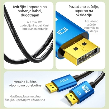 Jinghua DisplayPort 1.4 kabel, muško‑muški, 8K60Hz, pleteni, duljina 1,5 m, zlatni konektori, bakar bez kisika