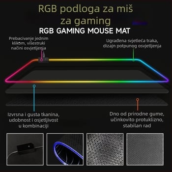 RGB Gaming podloga za miša s protukliznim efektom, višebojna LED pozadinska podloga za stol 400x900 mm, sintetička guma, ekskluzivna ponuda za prekogranične kupce