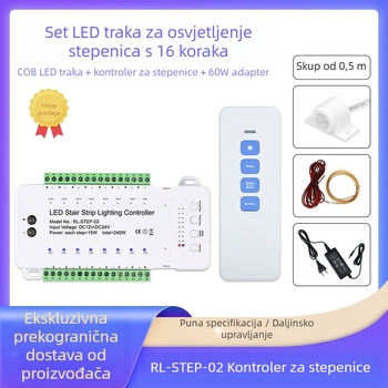 Kontroler indukcije za ljudske stepenice, kontroler rasvjete za stepenice + 16 svjetlosnih traka od 0,5 m + set za napajanje, kontroler