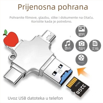 Višenamjenski OTG čitač kartica od legure cinka s četiri u jednom za Apple Android mobilne telefone, U disk Type-C čitač kartica
