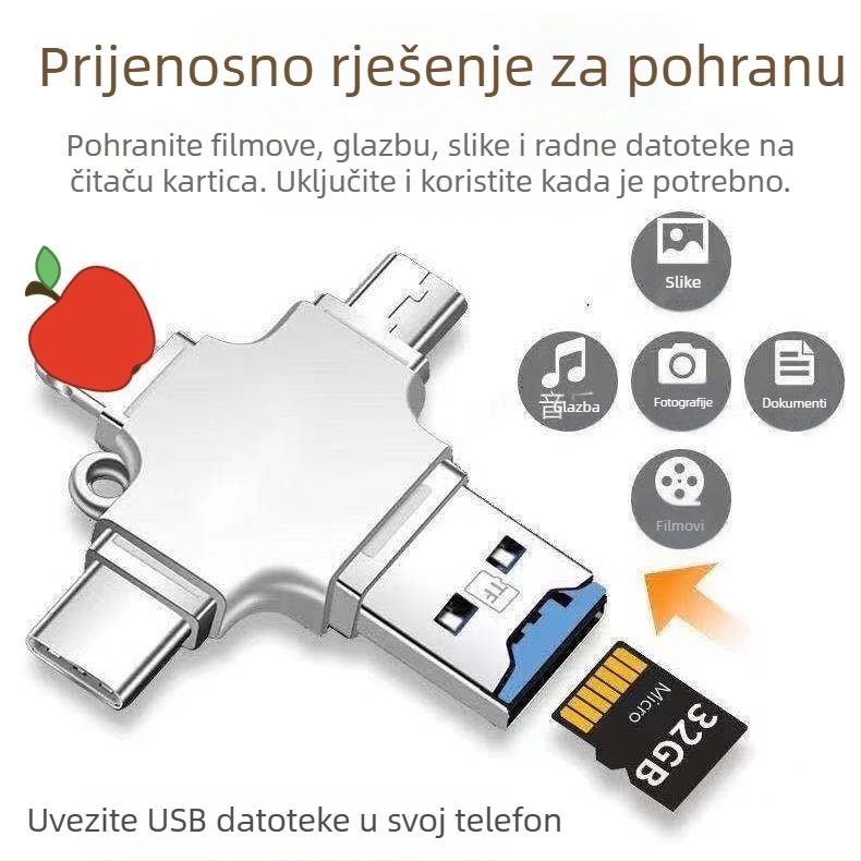 Višenamjenski OTG čitač kartica od legure cinka s četiri u jednom za Apple Android mobilne telefone, U disk Type-C čitač kartica