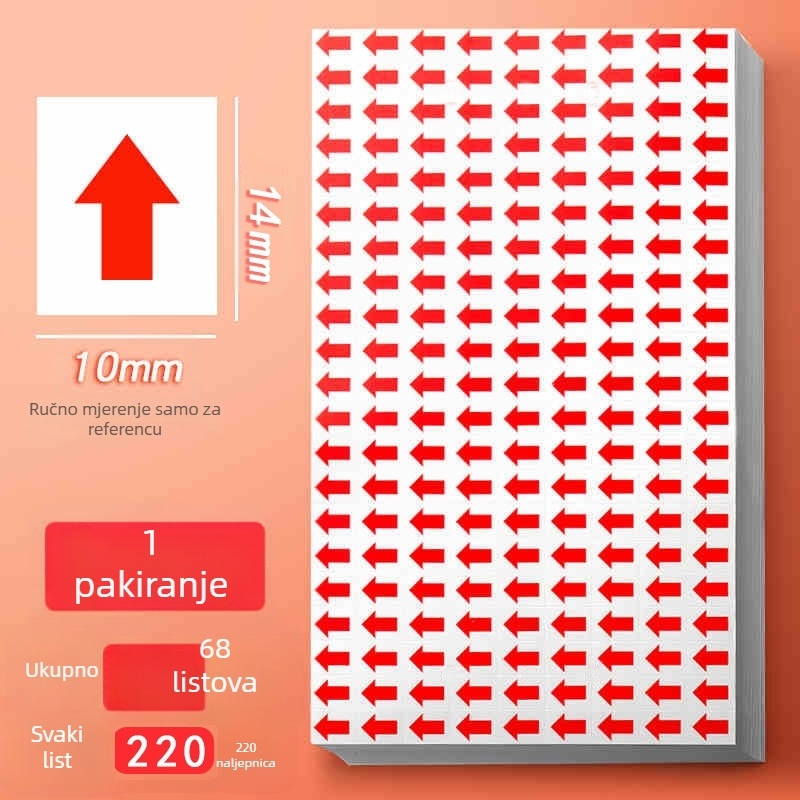 Naljepnice s malim strelicama za označavanje neispravnih proizvoda, naljepnice za preradu i popravak, naljepnice s crvenim pokazivačima smjera, samoljepljive naljepnice