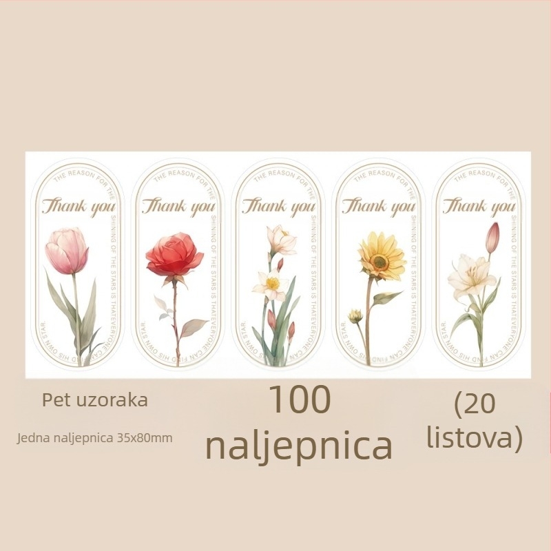 Vintage prekrasna naljepnica s cvijetom i zahvalom, naljepnica za brtvljenje, pakiranje torbice, ukrasna naljepnica, ovalni engleski pečat