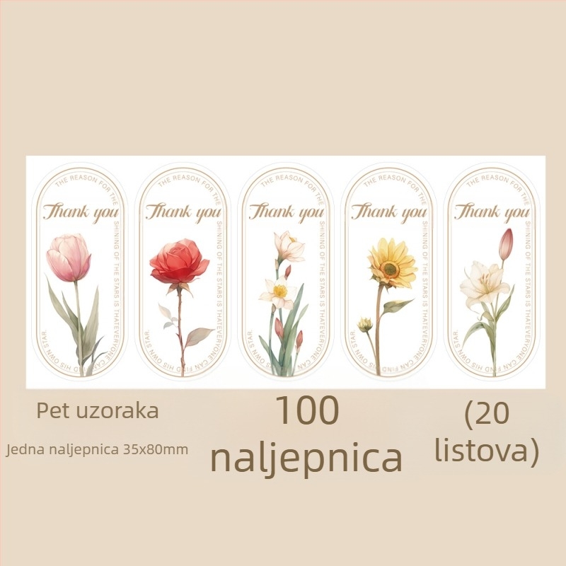 Vintage prekrasna naljepnica s cvijetom i zahvalom, naljepnica za brtvljenje, pakiranje torbice, ukrasna naljepnica, ovalni engleski pečat