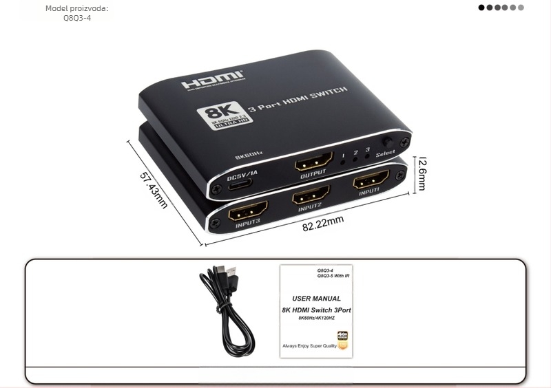 2025 Novi proizvod HDMI2.1 3X1 prekidač od aluminijske legure, ultra tanki model s Ir 8K@60Hz