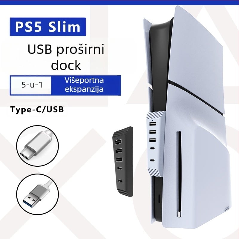 Pogodno za PS5 Slim Host Hub, produživač brzine prijenosa, PS5 Slim Host 5-u-1 Hub pretvarač