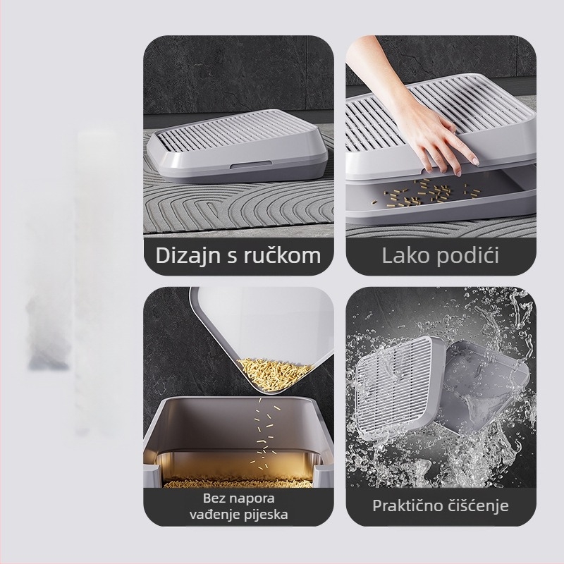 Podloga za mačji posip, dvoslojni filter, umivaonik za mačji posip, univerzalni stolić za propuštanje pijeska, zaštita od prskanja, podloga za kontrolu izbacivanja, pribor za kućne ljubimce