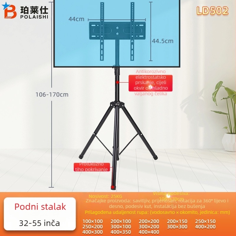 Neutralni TV stalak od 32-55 inča, podni stalak, sklopivi tronožac, stalak za monitor, vertikalni vješalica za TV