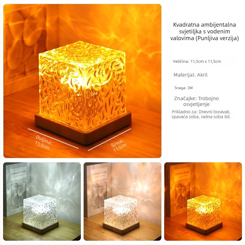 Kvadratna noćna lampa za valove vode, kreativna noćna lampa za uz krevet, plamen uz krevet, bluetooth atmosferska svjetlost, dinamična romantična poklon, projekcijska lampa za zvjezdano nebo