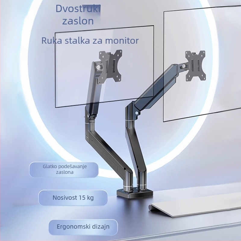 Stalak za monitor s dva zaslona, stalak za podizanje zaslona računala, stolni zaslon, teleskopska rotacija bez bušenja