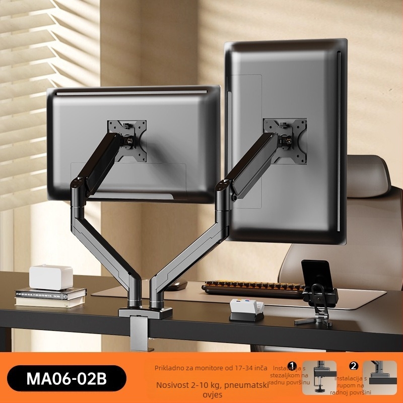 Stalak za monitor s dva zaslona, stalak za podizanje zaslona računala, stolni zaslon, teleskopska rotacija bez bušenja