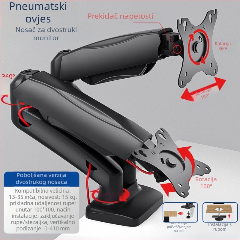 Stalak za monitor s dva zaslona, stalak za podizanje zaslona računala, stolni zaslon, teleskopska rotacija bez bušenja