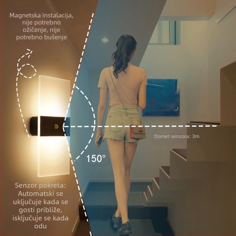 LED inteligentna zidna lampa s indukcijom za ljudsko tijelo, magnetska usisna punjiva zidna lampa, bez bušilice, hotelska zidna usisna noćna lampa za hodnik uz krevet