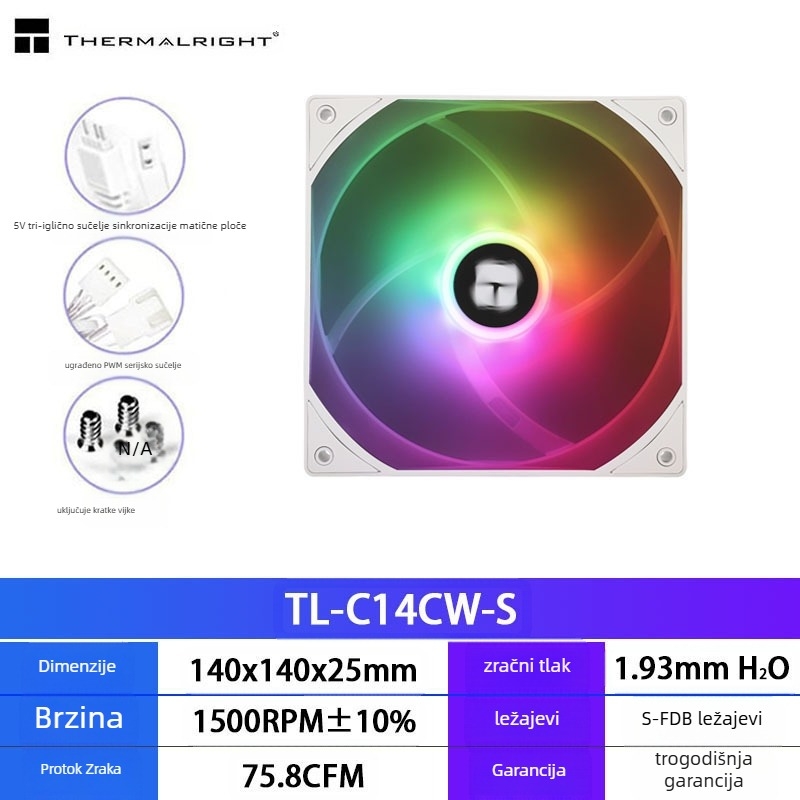 Limin TL-C14C-S crni 14cm ventilator za kućište, tihi, bijeli ARGB ventilator za hlađenje računala