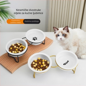 Keramička zdjela za mačke, visoka zaštita za vrat nogu, okvir za fiksiranje s dvostrukom zdjelom, zaštita od prevrtanja, posuda za hranu za mačke i pse, nagibna zdjela za vodu, pribor za kućne ljubimce