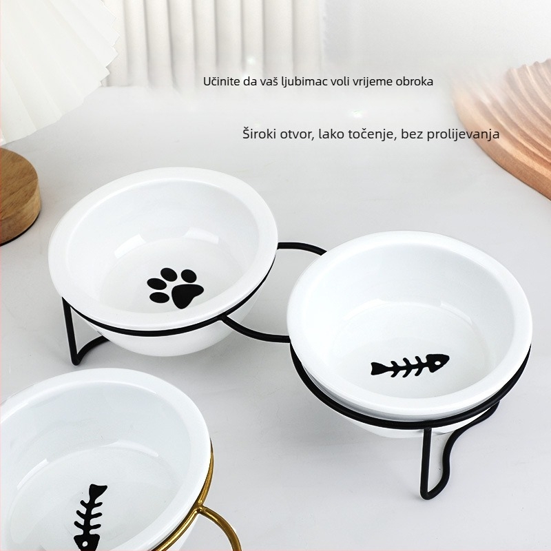 Keramička zdjela za mačke, visoka zaštita za vrat nogu, okvir za fiksiranje s dvostrukom zdjelom, zaštita od prevrtanja, posuda za hranu za mačke i pse, nagibna zdjela za vodu, pribor za kućne ljubimce