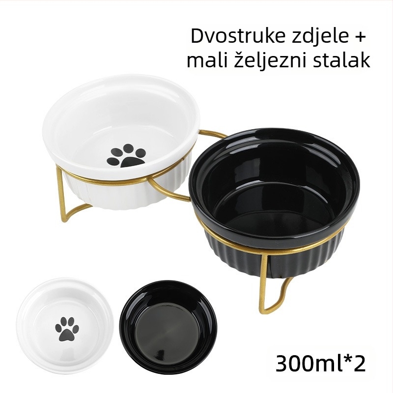 Keramička zdjela za mačke, visoka zaštita za vrat nogu, okvir za fiksiranje s dvostrukom zdjelom, zaštita od prevrtanja, posuda za hranu za mačke i pse, nagibna zdjela za vodu, pribor za kućne ljubimce