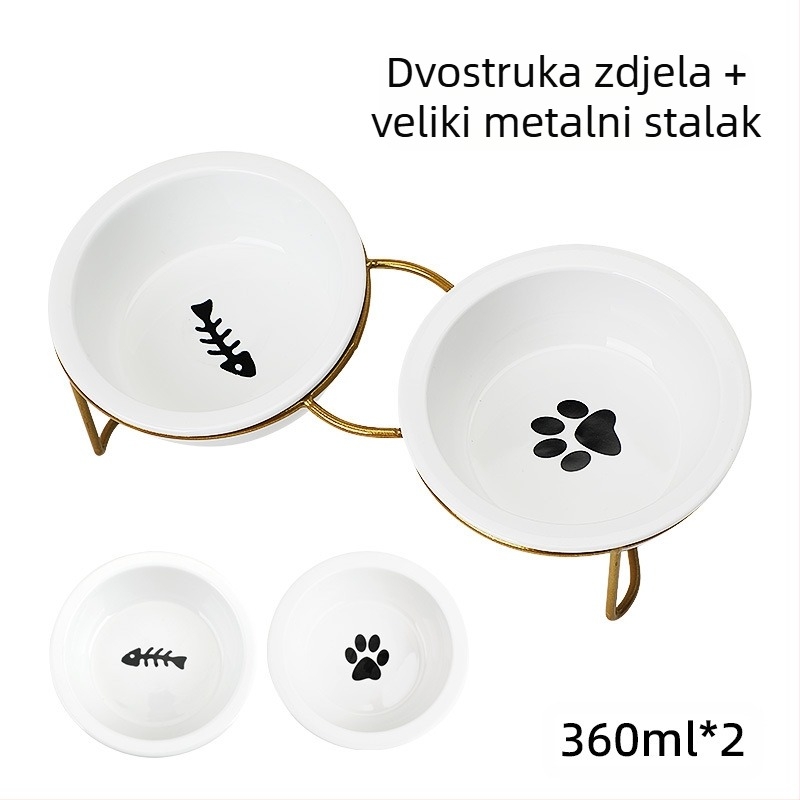 Keramička zdjela za mačke, visoka zaštita za vrat nogu, okvir za fiksiranje s dvostrukom zdjelom, zaštita od prevrtanja, posuda za hranu za mačke i pse, nagibna zdjela za vodu, pribor za kućne ljubimce