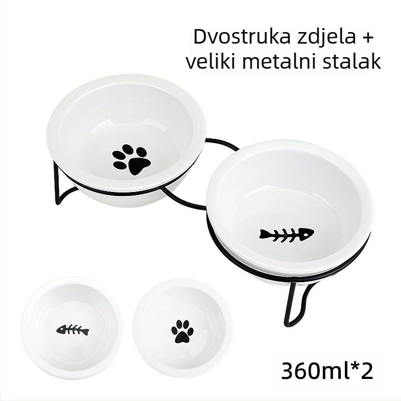 Keramička zdjela za mačke, visoka zaštita za vrat nogu, okvir za fiksiranje s dvostrukom zdjelom, zaštita od prevrtanja, posuda za hranu za mačke i pse, nagibna zdjela za vodu, pribor za kućne ljubimce