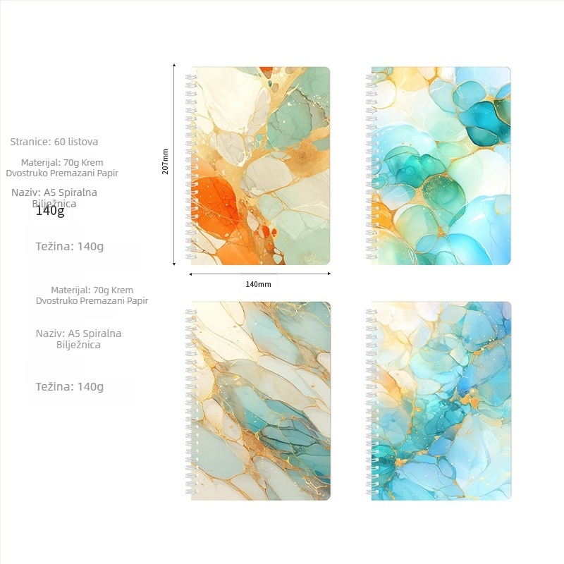 Prekogranična knjiga zavojnica 4 knjiga mramornih uzoraka visoke vrijednosti boja ins knjiga vjetra vodoravna linija bilježnica
