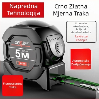 Crno tehnološko fluorescentno ravnalo s uvezenom mjernom trakom od 5 metara, prošireno 7,5 metara, debelo 10 metara, otporno na habanje, kutijasto ravnalo visoke preciznosti