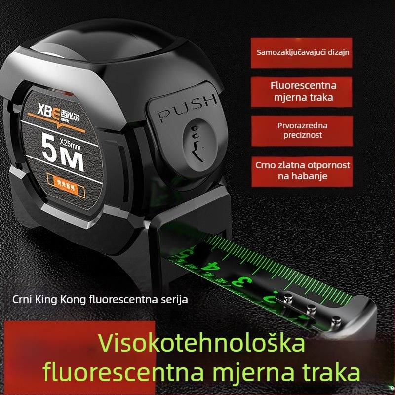 Crno tehnološko fluorescentno ravnalo s uvezenom mjernom trakom od 5 metara, prošireno 7,5 metara, debelo 10 metara, otporno na habanje, kutijasto ravnalo visoke preciznosti