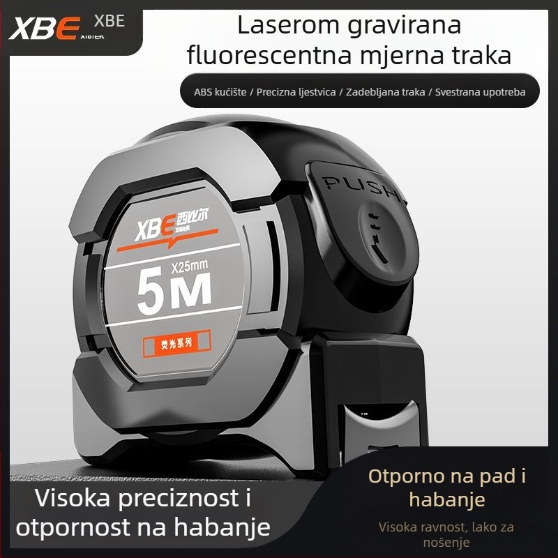Crno tehnološko fluorescentno ravnalo s uvezenom mjernom trakom od 5 metara, prošireno 7,5 metara, debelo 10 metara, otporno na habanje, kutijasto ravnalo visoke preciznosti