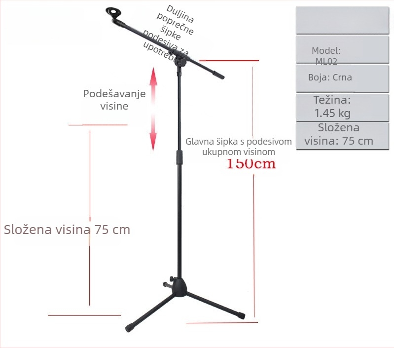 Stalak za mikrofon Prijenos uživo Snimanje karaoka Podni stalak za podizanje mikrofona Scenski nastup Vertikalni stalak za mikrofon Tronožac