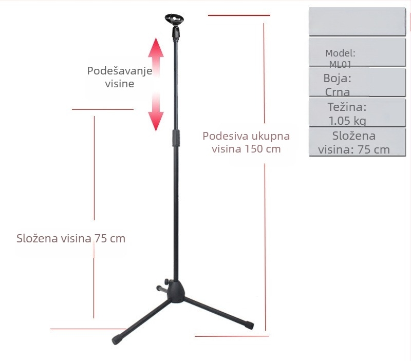 Stalak za mikrofon Prijenos uživo Snimanje karaoka Podni stalak za podizanje mikrofona Scenski nastup Vertikalni stalak za mikrofon Tronožac