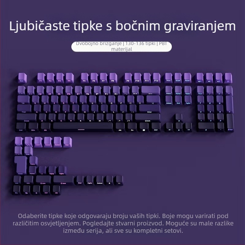 Prozirne PBT kapice tipki s bočnim graviranim uzorcima, mikrobrušena površina, 131 tipka, sublimacija boje u šest boja, moderno, kompatibilno s mehaničkim tipkovnicama
