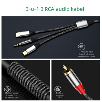 Prekogranični audio kabel Lotus s tri u jednom na 2Rca, pogodan za Apple Type-C 3,5 mm priključak za audio pojačalo zvučnika