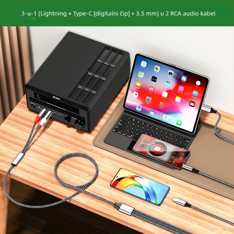 Prekogranični audio kabel Lotus s tri u jednom na 2Rca, pogodan za Apple Type-C 3,5 mm priključak za audio pojačalo zvučnika