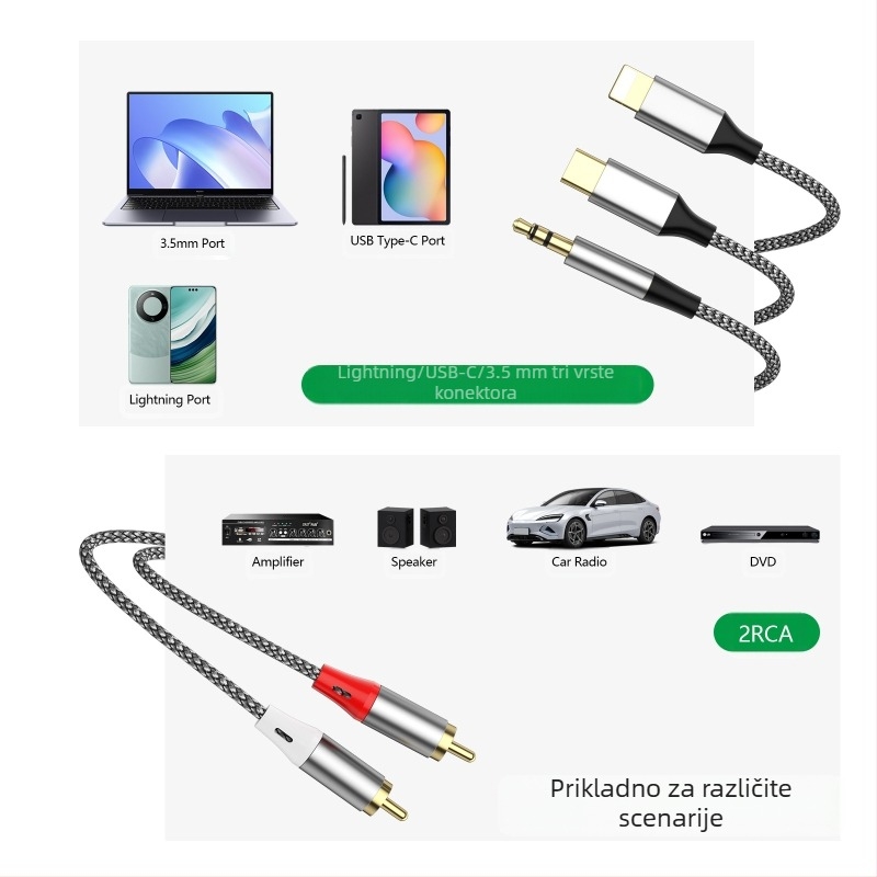 Prekogranični audio kabel Lotus s tri u jednom na 2Rca, pogodan za Apple Type-C 3,5 mm priključak za audio pojačalo zvučnika