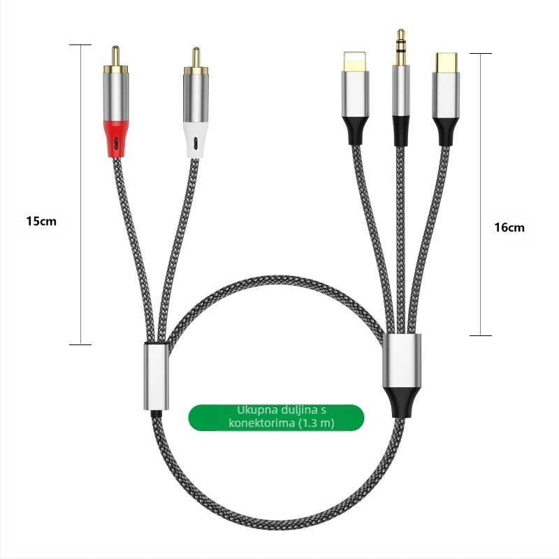 Prekogranični audio kabel Lotus s tri u jednom na 2Rca, pogodan za Apple Type-C 3,5 mm priključak za audio pojačalo zvučnika