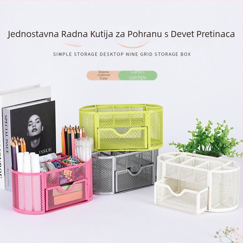 Metalna željezna mrežasta kutija za pohranu s devet mreža, držač za olovke za stol, vruće prodavana kanta za pribor, novi stil s ladicama, držač za olovke na veliko