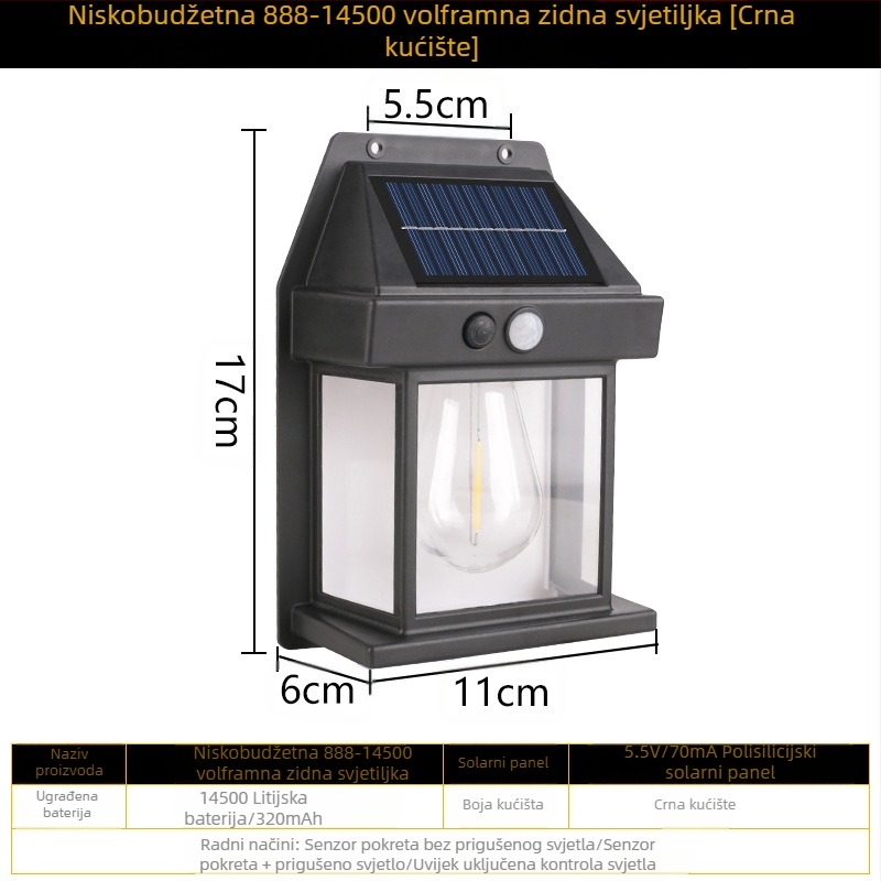 Solarna vanjska zidna lampa, indukcijska, za ljudsko tijelo, tromodna volframova žica, zidna lampa, vrtna vila, vodootporna noćna rasvjeta
