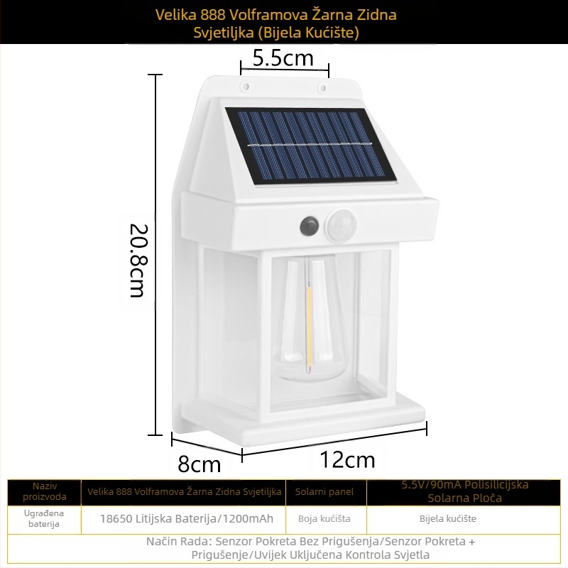 Solarna vanjska zidna lampa, indukcijska, za ljudsko tijelo, tromodna volframova žica, zidna lampa, vrtna vila, vodootporna noćna rasvjeta