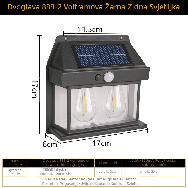 Solarna vanjska zidna lampa, indukcijska, za ljudsko tijelo, tromodna volframova žica, zidna lampa, vrtna vila, vodootporna noćna rasvjeta