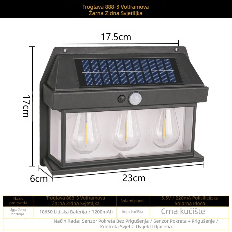Solarna vanjska zidna lampa, indukcijska, za ljudsko tijelo, tromodna volframova žica, zidna lampa, vrtna vila, vodootporna noćna rasvjeta