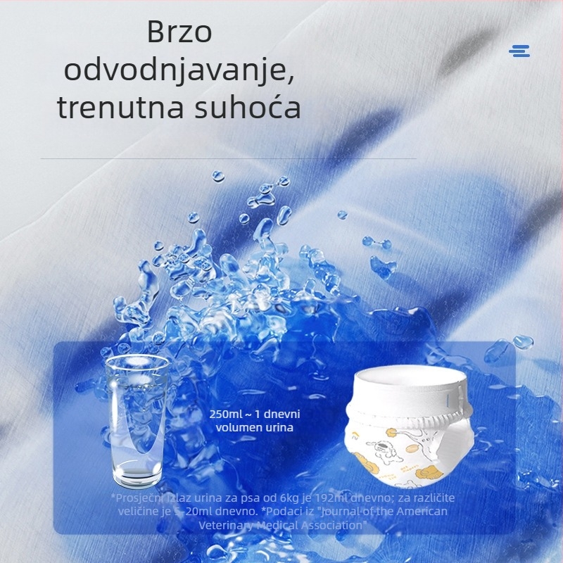 Fiziološke pelene za jednokratnu upotrebu za mužjake i kučke, udobne i prozračne, nepropusne, lako se upijaju i ne podliježu reverznoj osmozi, za unutarnju i vanjsku upotrebu.