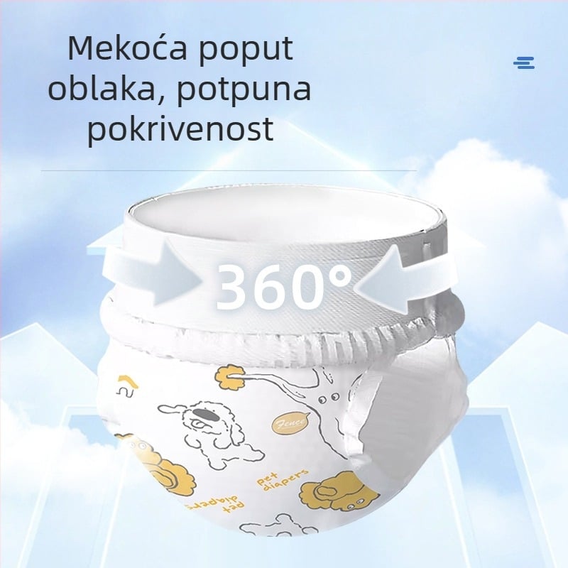 Fiziološke pelene za jednokratnu upotrebu za mužjake i kučke, udobne i prozračne, nepropusne, lako se upijaju i ne podliježu reverznoj osmozi, za unutarnju i vanjsku upotrebu.