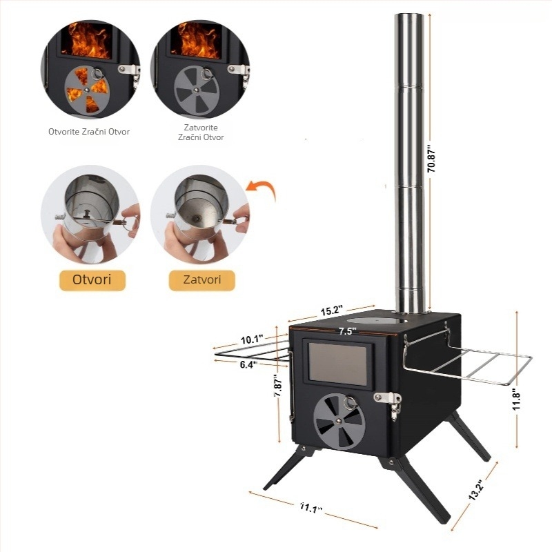 Prekogranična vanjska kamperska peć na drva, peć za šator, peć na grijanje, lako sklopiva, prijenosna s višenamjenskom peći na drva