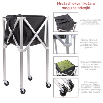 Sklopiva aluminijska teniska kolica, mobilni okvir za branje loptica, torba za pohranu, prijenosni okvir za branje loptica velikog kapaciteta