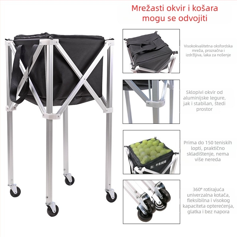 Sklopiva aluminijska teniska kolica, mobilni okvir za branje loptica, torba za pohranu, prijenosni okvir za branje loptica velikog kapaciteta