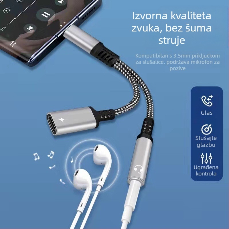 Digitalni adapter tipa C, 3,5 mm pretvarač za slušalice, punjenje mobilnog telefona, poziv PD60W audio kabel za brzo punjenje