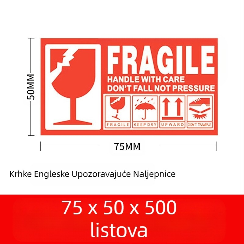 Oznaka za lomljive proizvode, oznaka upozorenja na lomljivom kineskom i engleskom jeziku, premazani papir, ekspresna logistika, pakiranje, oznaka za lomljivo
