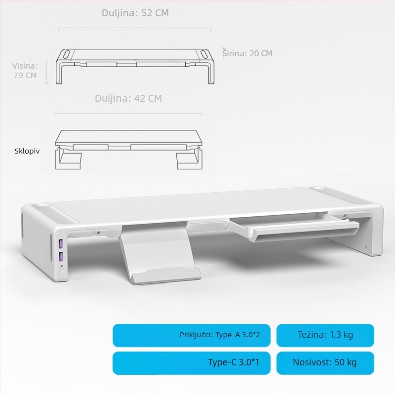 Oimaster monitor, povišeni USB produžetak, sklopivi stolni nosač za pohranu računala i računala