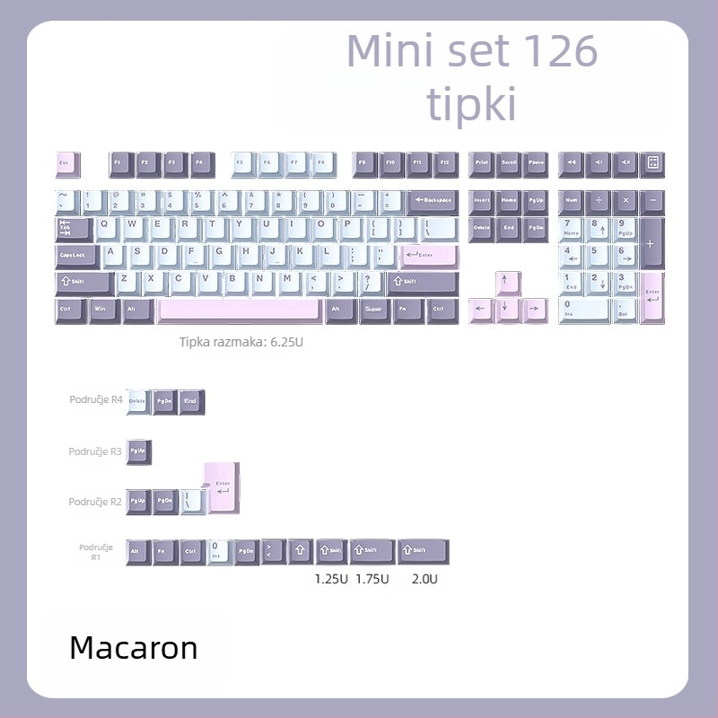 Cloud Lake pik Q Macaron kapa za tipke u tri boje, mali kompletan set od 126 tipki, PBT materijal, dvobojno brizganje, otporno na habanje i izdržljivo