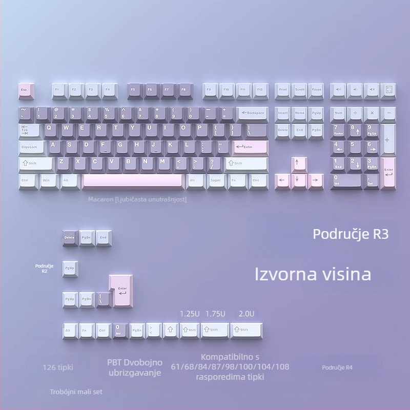 Cloud Lake pik Q Macaron kapa za tipke u tri boje, mali kompletan set od 126 tipki, PBT materijal, dvobojno brizganje, otporno na habanje i izdržljivo