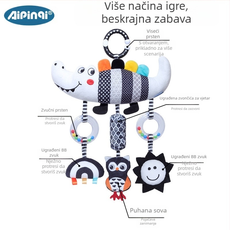 Aipinqi nova dječja slagalica za udoban auto, crno-bijela životinjska zvončića za vjetar, viseća plišana igračka za auto.